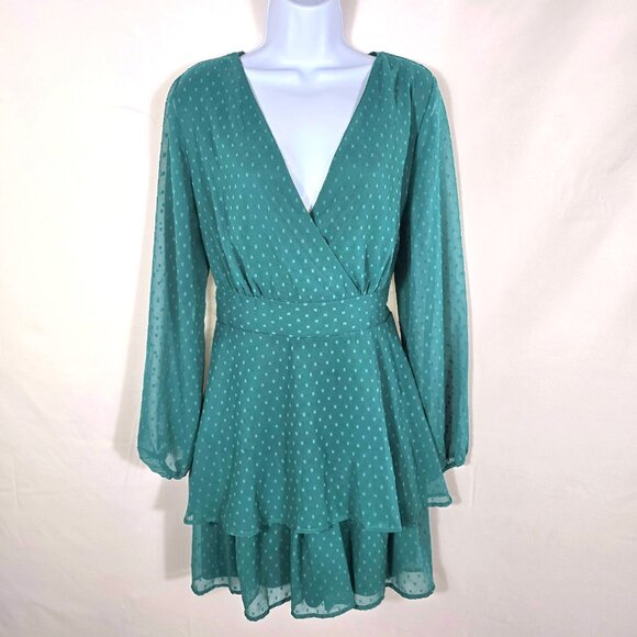 Jasper Dresses & Skirts - Green Polkadot Dress Sz XL A Line Chiffon Long Sleeve Flowy V Neck Tiered Mini